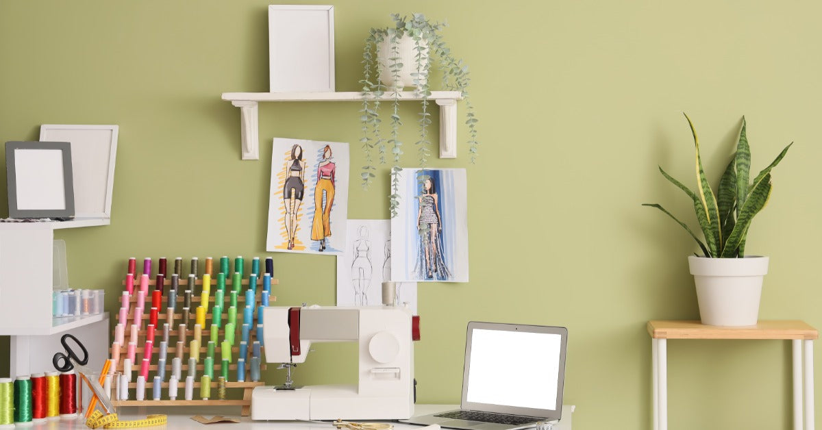 A sewing workspace with a machine, a colorful thread rack, an open laptop, and fashion sketches on a green wall.