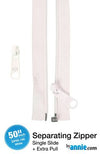 50" Separating Zipper + Extra Slide - White